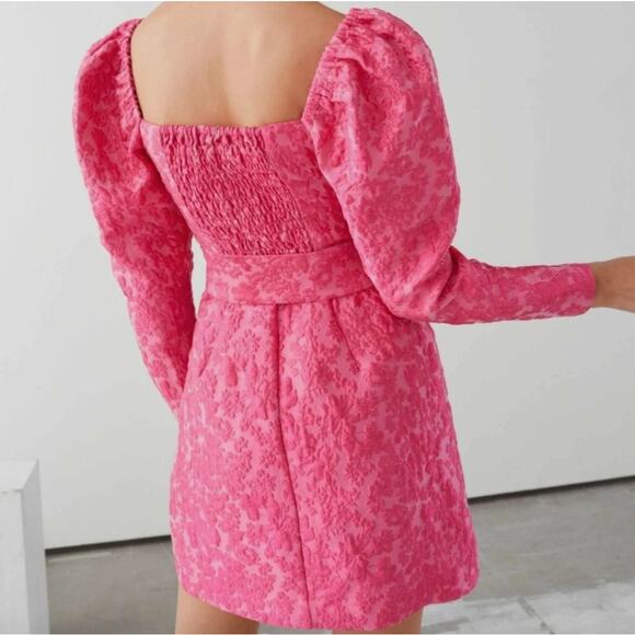 & OTHER STORIES Jacquard Puff Sleeve Belted Mini Dress Pink Sz 6 {D53} - Picture 3 of 8
